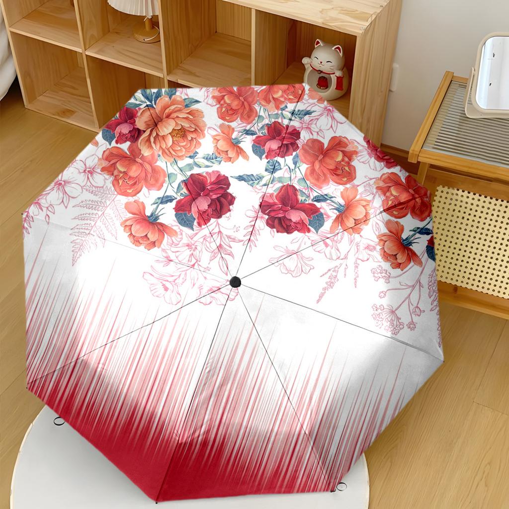 Floral Elegance In Coral Compact Travel Automatic Umbrella Folding Umbrella With 8 Ribs Durable Plastic Iron Durable Everyday Carry Umbrella Vibrant