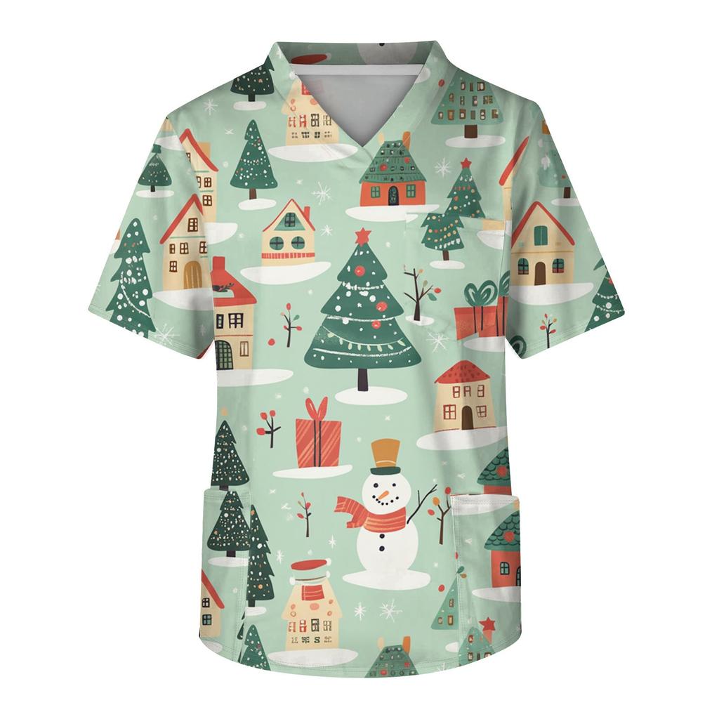 Мужской топ с коротким рукавом, V-образным вырезом, рождественским принтом и нагрудным карманом