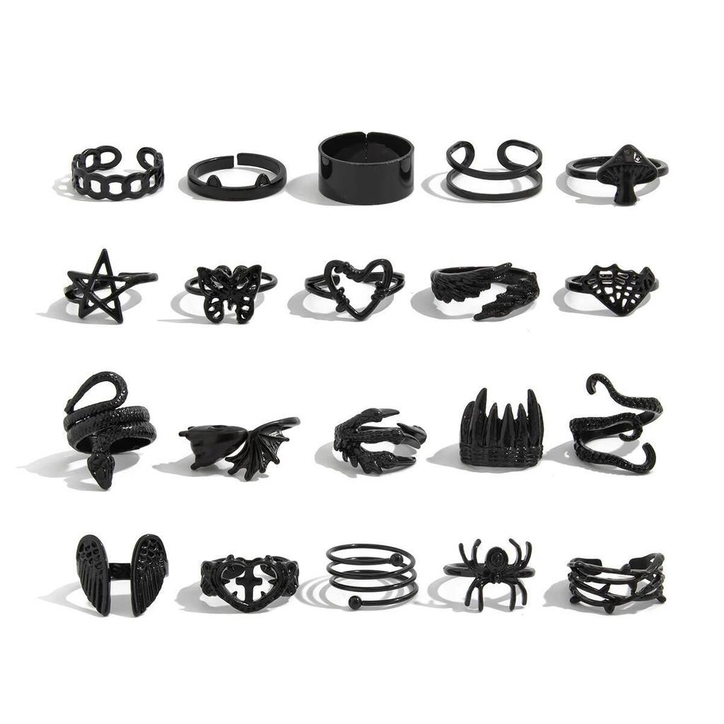Ingemark 20 Pcs/Set Gothic Black Spider Butterfly Snake Shape Open Rings Women Trend Creative Star Heart Rings Halloween Jewelry