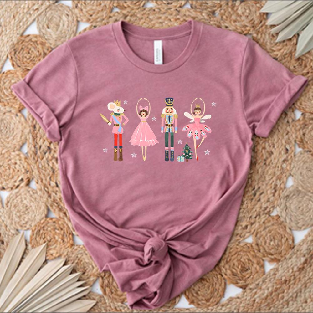 Christmas Nutcracker Tshirt Ballerina Shirt Pink Christmas Tshirt Unisex Women Xmas Printed Short Sleeves Tops Christmas Gifts