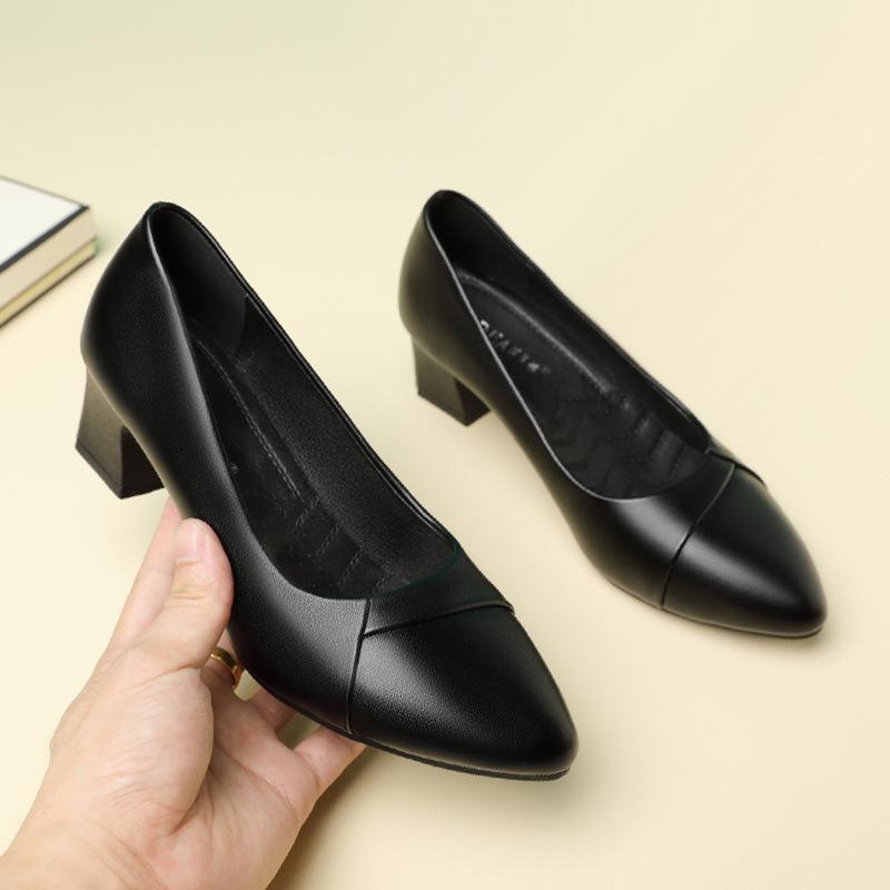 Весна и Осень 2022 Туфли на массивном каблуке из мягкой кожи для мам - Удобные туфли с низким вырезом для женщин среднего и пожилого возраста