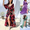 2023 Summer V-Neck Belted Print Long Dress