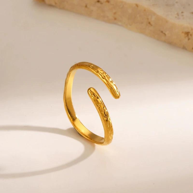 Stainless Steel Line Open Ring for Women Simple Vintage Hammered Pattern Adjustable Finger Ring Versatile Casual Jewelry Gift
