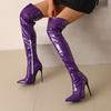 Women Patent Leather Over the Knee Boots Purple Stiletto High Heels Shoes Red Pointed Toe Warm Lady Sexy Party Thigh Boots