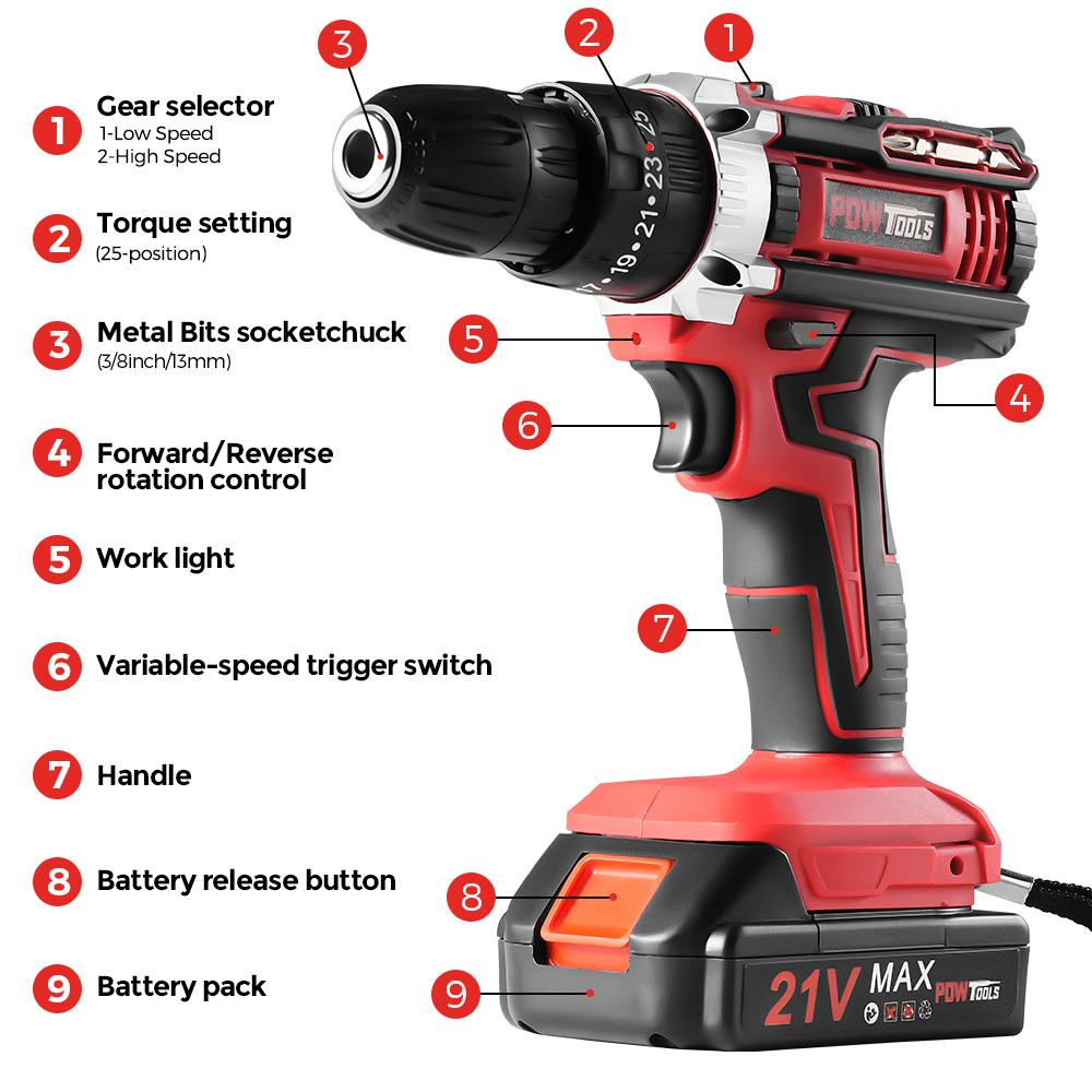 Электрические дрели POWTOOLS - 21В - 2 аккумулятора Литиевых + 24 аксессуара + Зарядное устройство