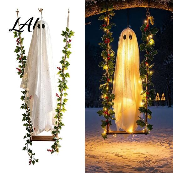 Seasonal Outdoor Party Accents Halloween Ghost Swinging Decoration with Light Berry Vine Hanging Ornament LED Lighted Tree Decor for Yard Patio,
