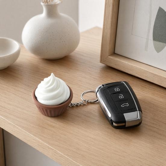 Stress Relief Key Pendant 3D Printed Simulation Cake Fidget Keychain with Metal Ring, Dessert Squeeze Toy Click Button Commuting & Detachable Design,
