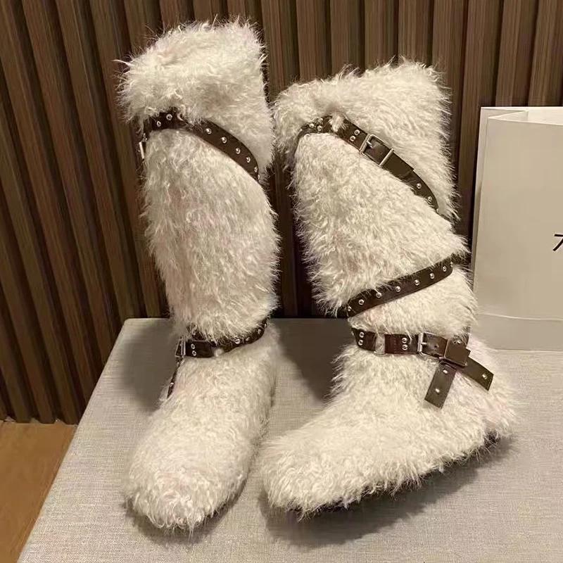 Меховые женские сапоги на плоской подошве, высокие зимние дизайнерские сапоги до колена, женские модные теплые зимние короткие плюшевые мотоциклетные сапоги Mujer