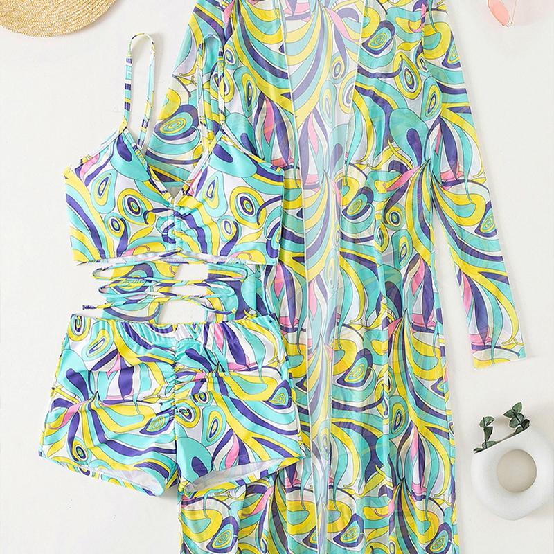 Женский купальник с высокой талией, комплект бикини из трех частей, женский купальник с длинными рукавами, пляжные купальные костюмы