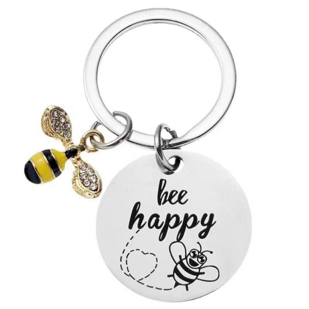 with Letters Stainless Steel Key Ring DIY Letters Round Pendants Bee Happy Key Chain Father