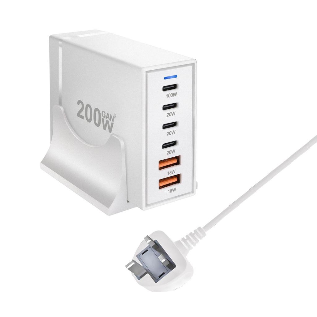 Многопортовое быстрое USB-PD зарядное устройство на 200 Вт для ноутбуков и телефонов