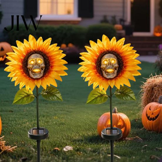 Artistic Sunflower Skull Yard Decor Solar Garden Stake Light, Gothic And Outdoor Statue Lamp, Powered Path Lighting Waterproof LED Landscape for Patio