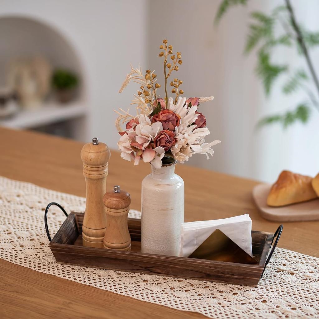 Long Narrow Wood Candle Tray: Hanobe Rustic Wooden Candle Holders Rectangular Table Centerpieces for Dining Room Farmhouse Pillar Stand with Handle