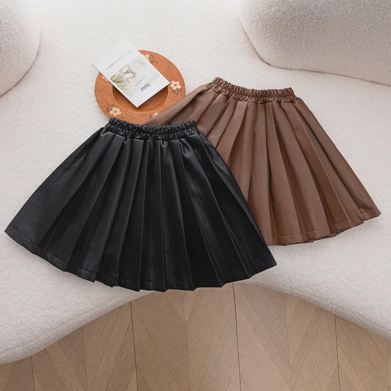 Юбка из бархата и искусственной кожи для девочек, осень/зима 2024 г. - юбка принцессы в стиле колледжа для детей