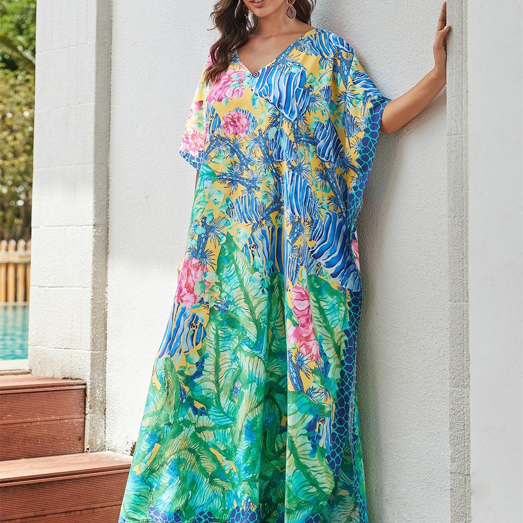 YYFS Женская мода отпуск лето весна цветочный узор принт рукава 1/2 с v-образным вырезом повседневные платья