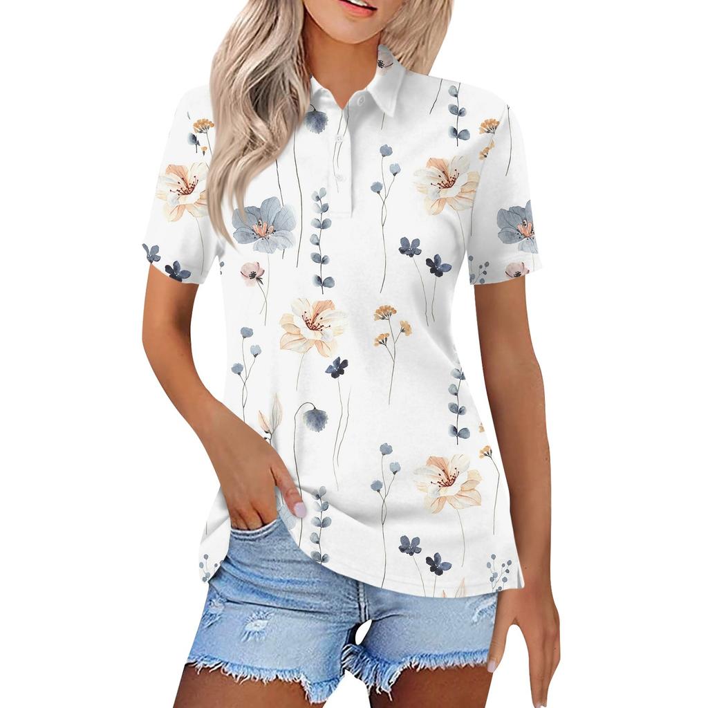 Женская модная повседневная рубашка с отворотом и коротким рукавом с цветочным принтом, женские топы на пуговицах