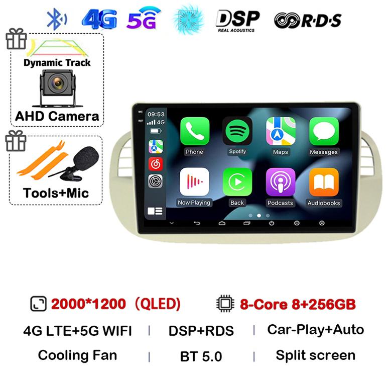 Android 14 Carplay& Auto Car Radio Stereo For Fiat 500 GPS Navigation Steering Wheel Control Multimedia BT WIFI+4G Head Unit DSP
