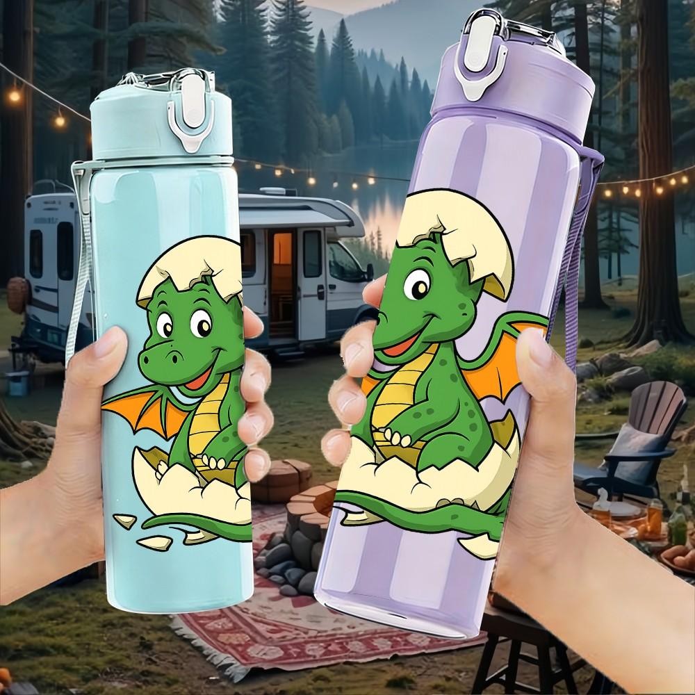 1PC Cute Little Dragon Cartoon Pattern 750ml Color Plastic Sports Water Bottle Leakproof Flip Straw Lid Suitable for Sports Office Home Use
