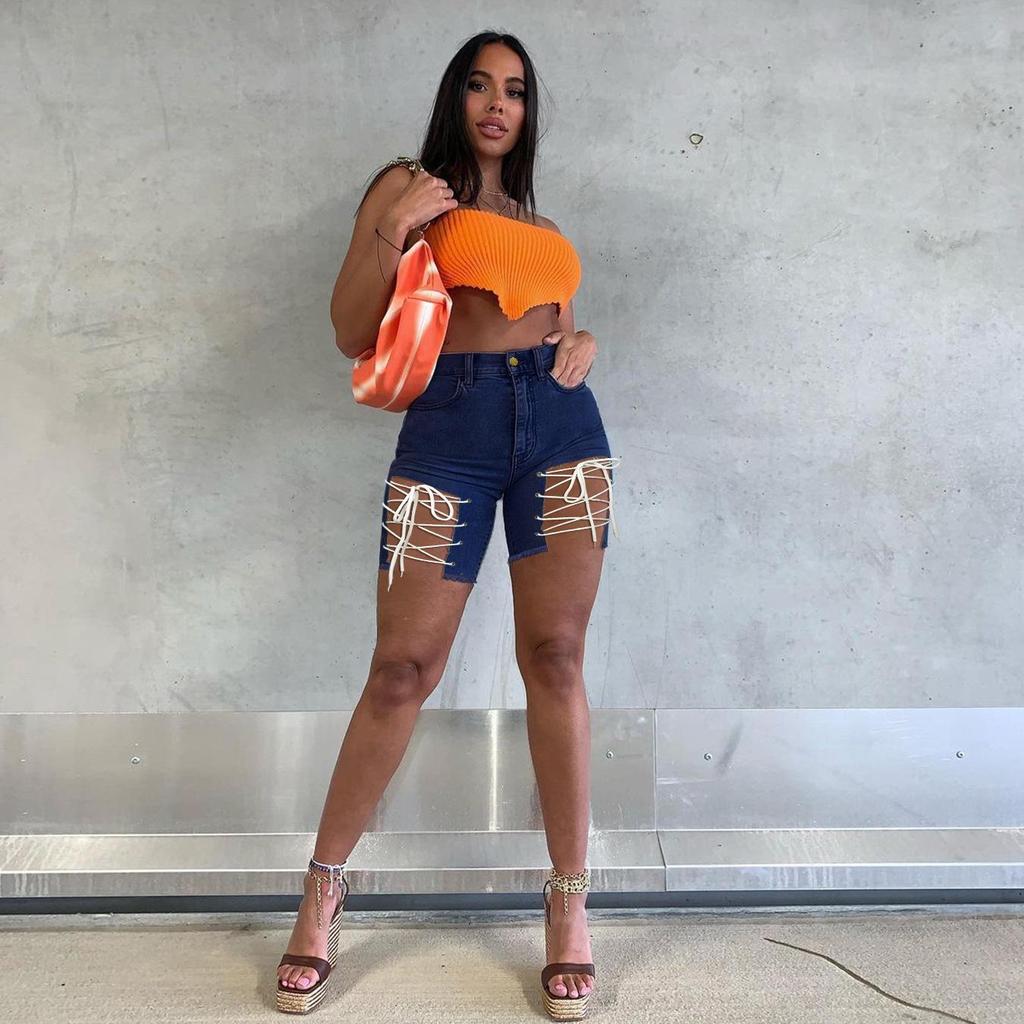 FGHJ Летние женские джинсовые шорты Брюки для ночного клуба Высокая талия Сексуальные джинсовые шорты с ремешками