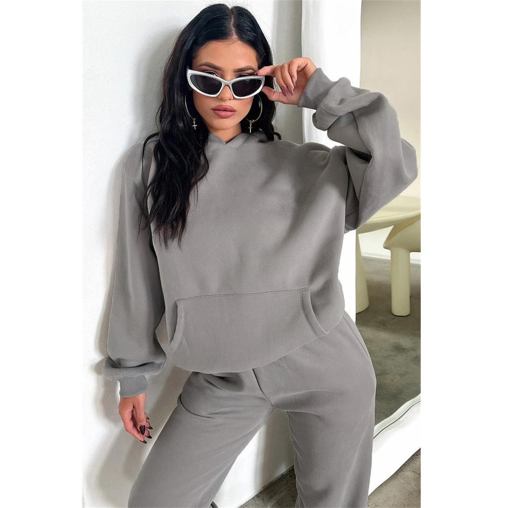 Женский однотонный комплект осенне-зимнего флисового свитшота с длинными рукавами и капюшоном, модный повседневный толстовка, брючный костюм