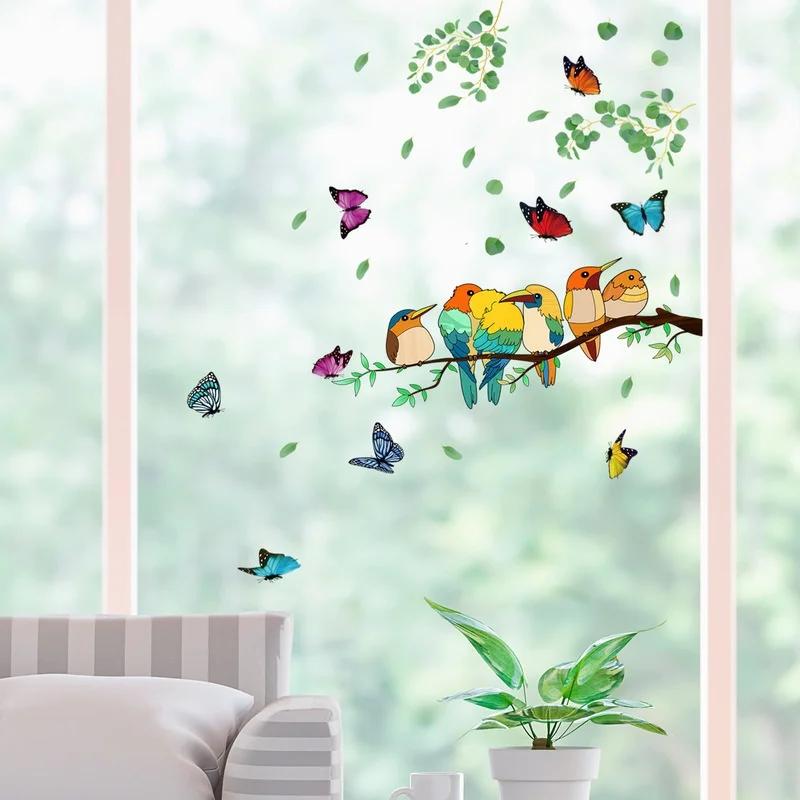 Double-sided Branch Colorful Bird Butterfly Wall Sticker Electrostatic Glass Sticker Window Visual Decorative Wall Sticker