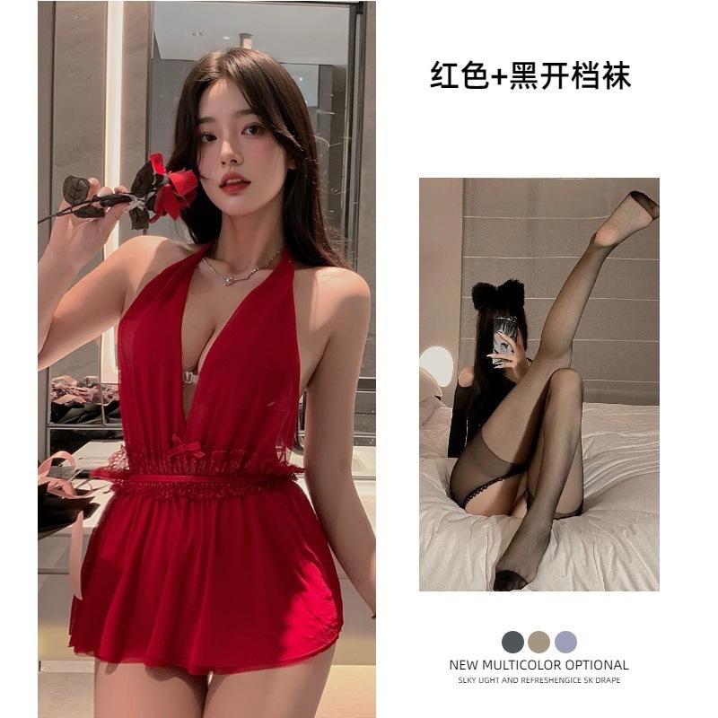 Sex underwear neck skirt European and American French nightgown dinner bar uniform mesh backless perspective nightclub dress