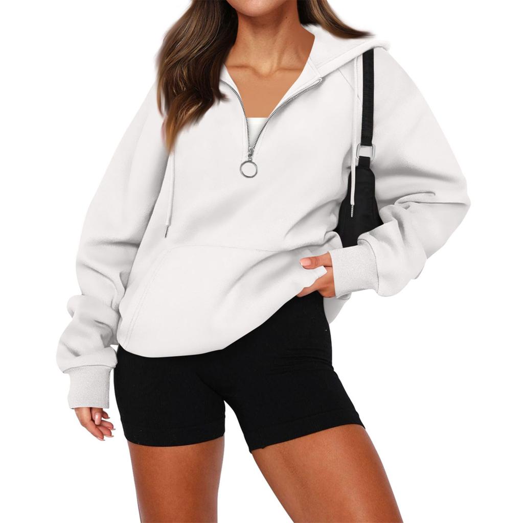 Women's Casual Fashion Long Sleeve Solid Color Zip Hooded Sweatshirt Top With Pocket
