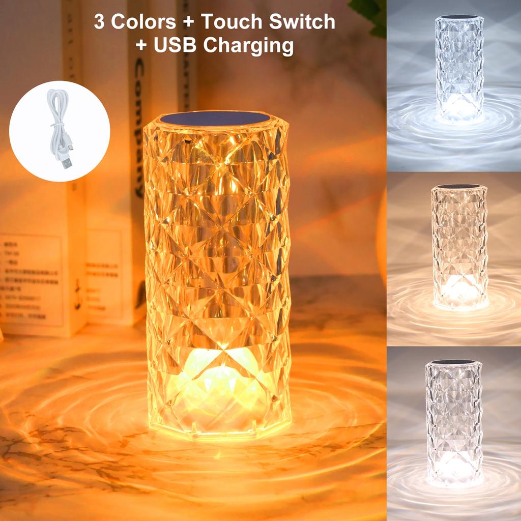 LED Crystal Desk Light Rose Light Projector Bedside Atmosphere Light 3/16 Color Touch Adjustable Night Light Diamond Small Night Light Romantic Gift