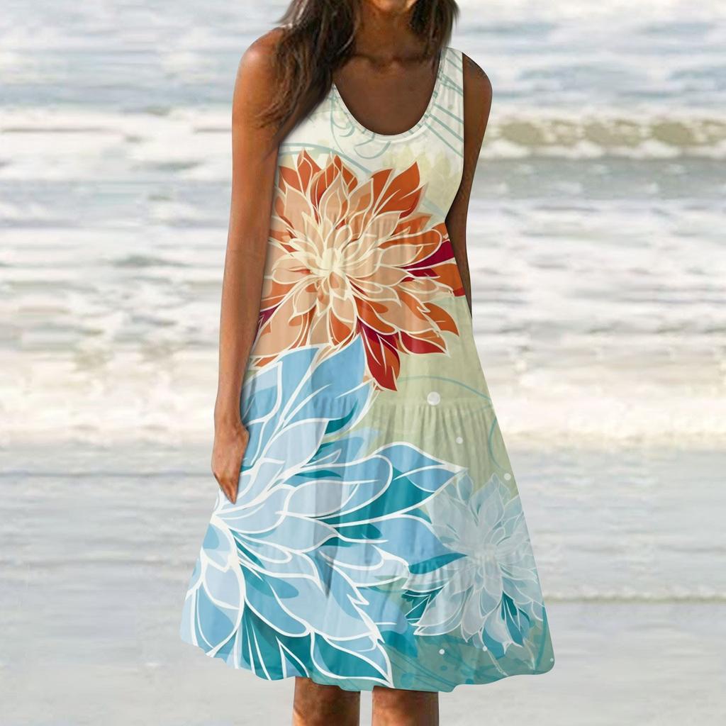 Женские платья-жилеты Лето-весна Плиссированные богемные платья Симпатичные струящиеся пляжные платья без рукавов Прямая футболка Платья-майки Платья с круглым вырезом