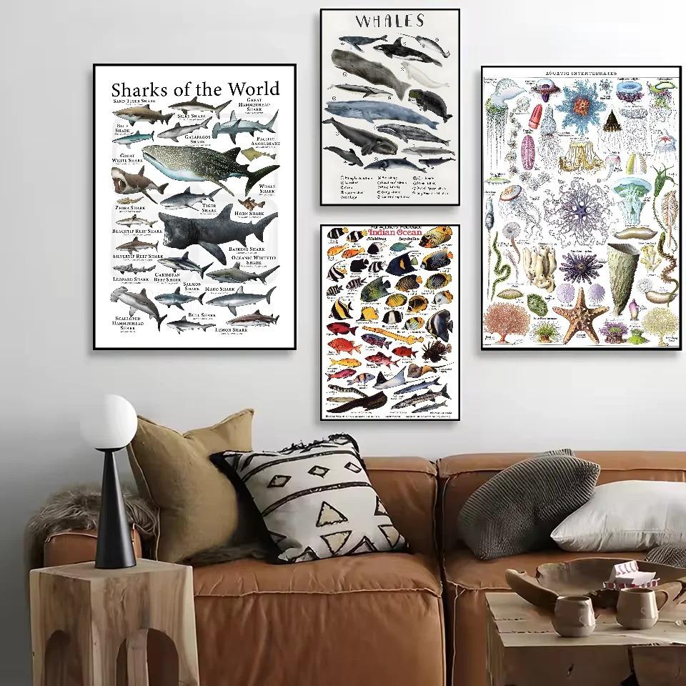 Whale and Shark Seashells Turtles Octopus Fish Marine Life Ocean Animals Poster and Print Canvas Painting Wall Art Home Living Room