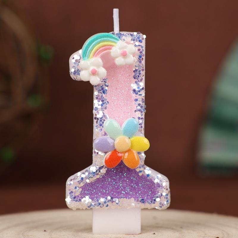 Flowers Rainbow Handmade Numbers Birthday Candles Cake Decoration Party Festive First Year Number Candles 0-9