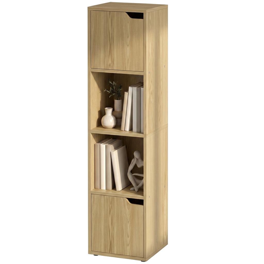 Narrow Bookcase 4 Tier Bookshelf Storage Cabinet With Doors For Living Room Bedroom Oak