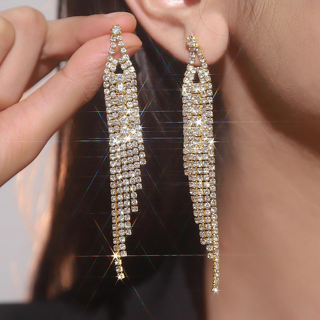 Senior Sense Of Luxury Super Flash Ab Rhinestone Long Tassel Earrings Female Fashion Temperament Earrings