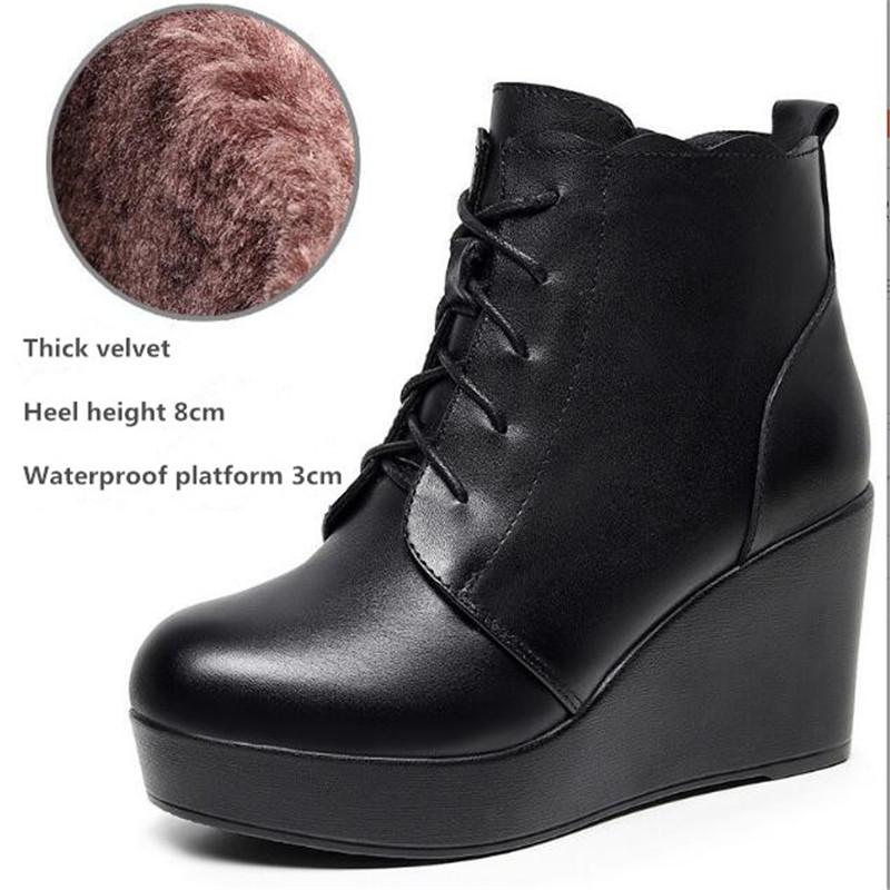 Genuine Leather Autumn Winter Women Boots Warm Plush Ankle Boots Female Wedges Boots Women Platform High Heels Shoes Size 33-43