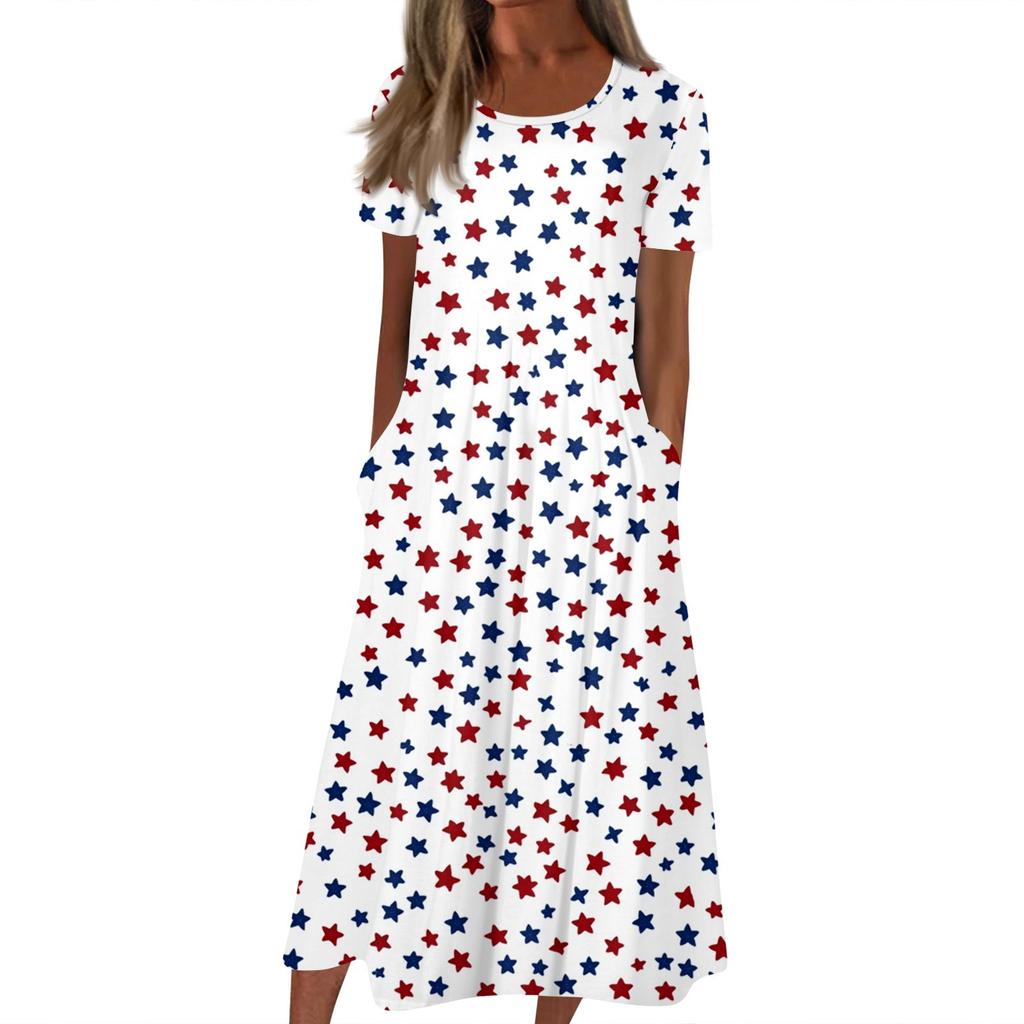 Женское летнее повседневное модное платье с коротким рукавом и карманом на День независимости с коротким рукавом