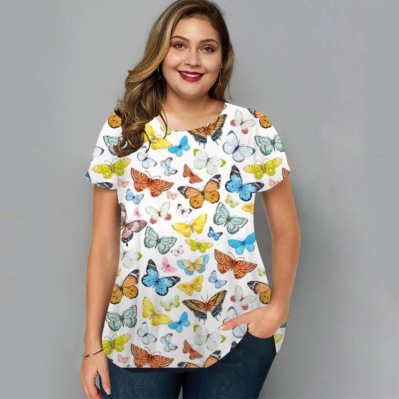Летняя футболка с круглым вырезом, 3D-принтом цветов и бабочек, модная повседневная женская футболка большого размера с коротким рукавом