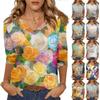 Женские топы, рубашка с рукавом три четверти, свободная повседневная рубашка с V-образным вырезом, футболка с цветочным принтом