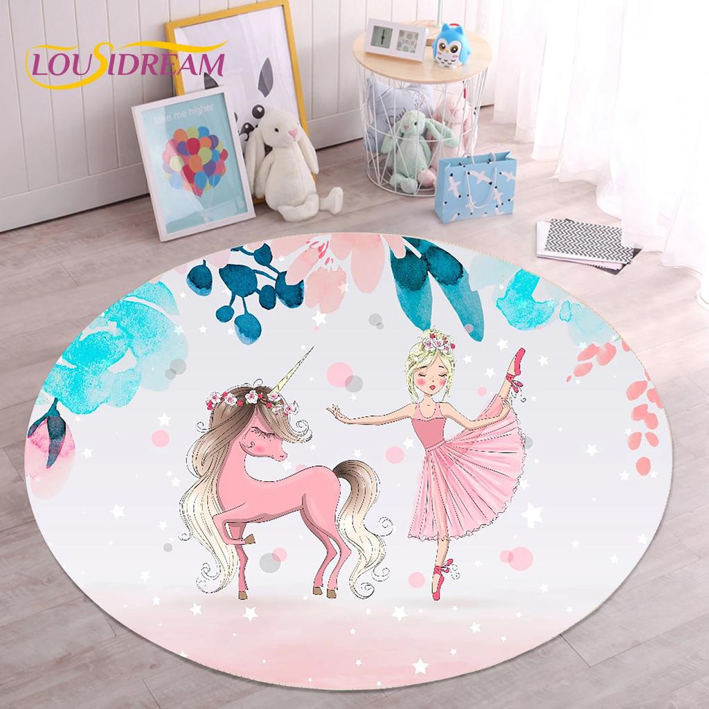 Милый ковер с балериной, феей, единорогом, мультяшный, круглый, для гостиной, спальни, детской комнаты, декор, коврик для питомцев, нескользящий