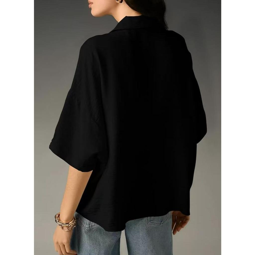 Women's, Summer New Style, Short Sleeved, Lapel, Casual, Loose Fit, Top, Solid Color Shirt