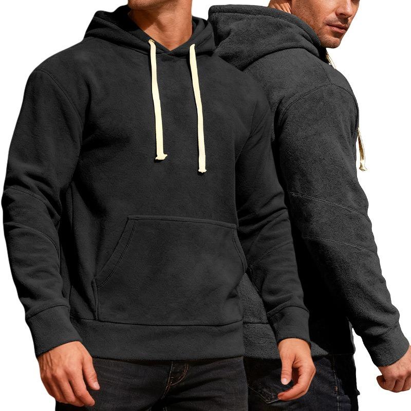 Men's Solid Color Loose Fit Polar Fleece Hooded Sweatshirt, Casual Sports Commute Pullover Hoodie with Pockets for Autumn Winter