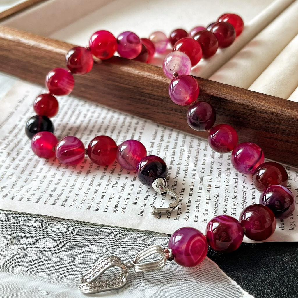 National Style Retro 12Mm Natural Rose Red Chalcedony Agate Collarbone Chain Neck Chain Necklace Women's Commuter