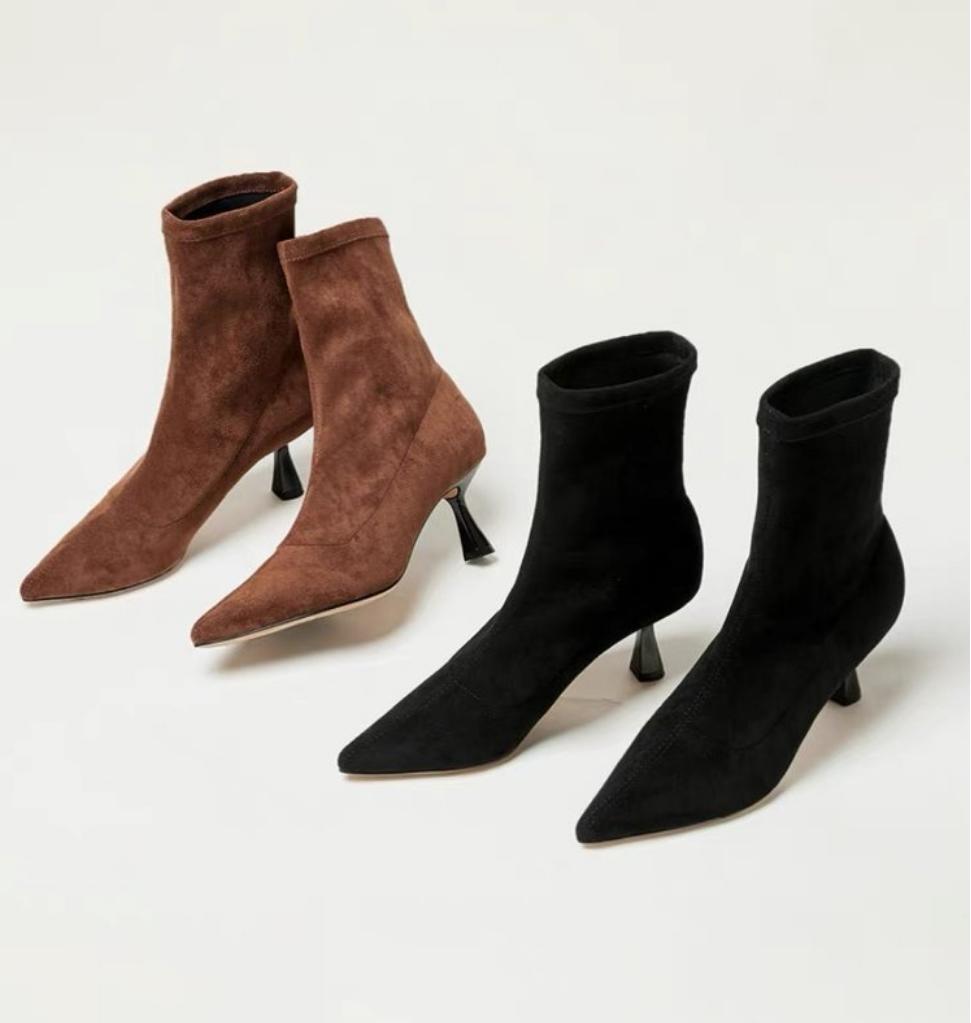 Модные осенние ботильоны из мягкой искусственной замши на высоком каблуке в стиле ретро, женские туфли-лодочки с острым носком, модные женские туфли на шпильках для вечеринок, туфли на тонком каблуке