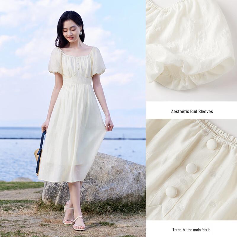 Xiangying Women's Textured Bubble Sleeve Square Neck Dress