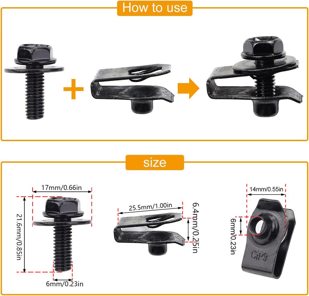 Кузов автомобиля Болты M6 Винты U-образные гайки Зажимы Крышка двигателя Капот Поддон Брызговик Бампер Брызговики Фиксатор подкрылка крыла