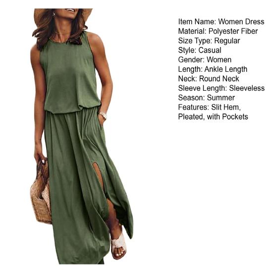 Женское платье-жилет без рукавов с боковыми разрезами и круглым вырезом, плиссированное макси-платье с карманами, однотонное свободное платье для свиданий, повседневных путешествий