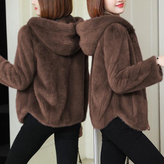 Women Winter Coat Double-sided Thick Cozy Plush Hooded Long Sleeves Zipper Closure Solid Color Cardigan Loose Jacket Outerwear