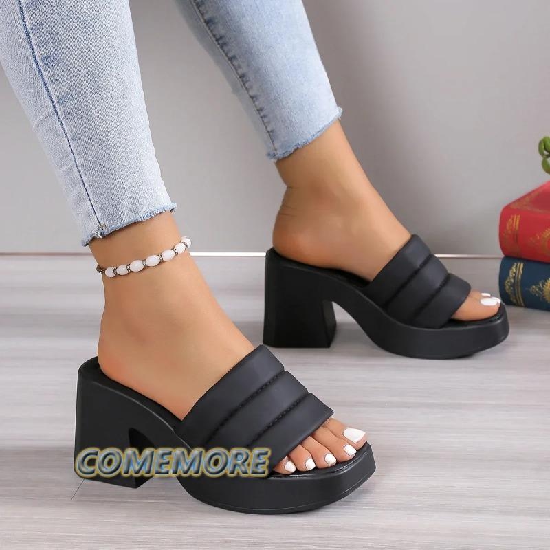 Модные Элегантные Женские Шлепанцы на Платформе Летние На Высоком Каблуке Кожаные Женские Уличные Нескользящие Повседневные Пляжные Босоножки на Каблуке Женская Обувь Мода