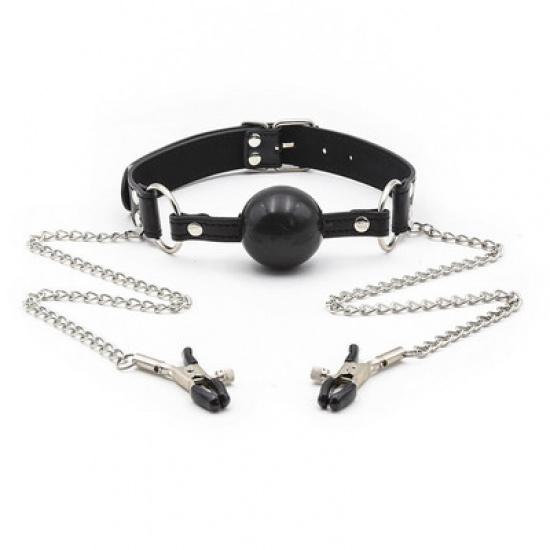 Ball Mouth Gag + Nipple Clamps Mouth Plug Gag Nipple Stimulation Massage Fetish Adult Sexy Toys For Couple