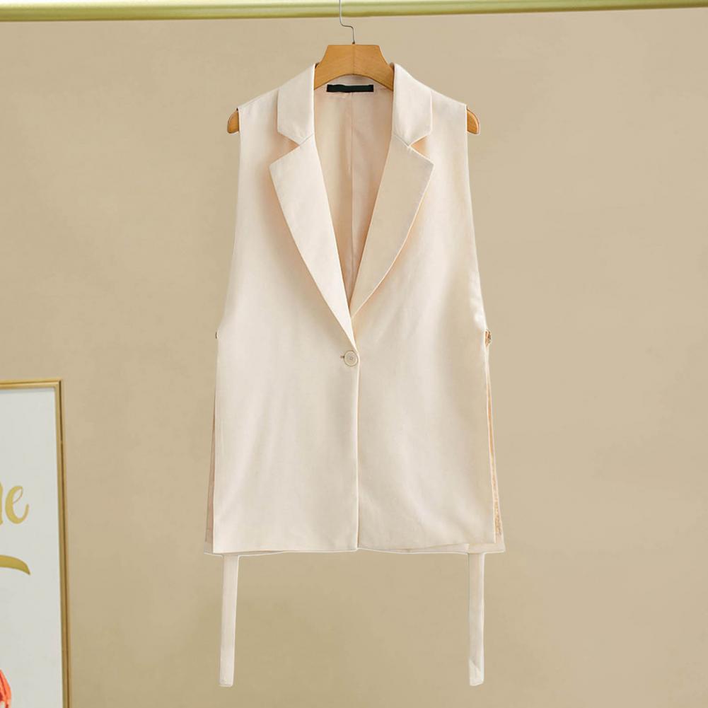 Women Vest Coat Turn-down Collar Sleeveless Loose Solid Color Single Button Cardigan Strap Decor Mid Length Commute Formal Suit