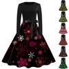 Women's Vintage Classic Dress Neck Waist Bow Tie Long Sleeves Christmas Printed Round Neck Swing Dress